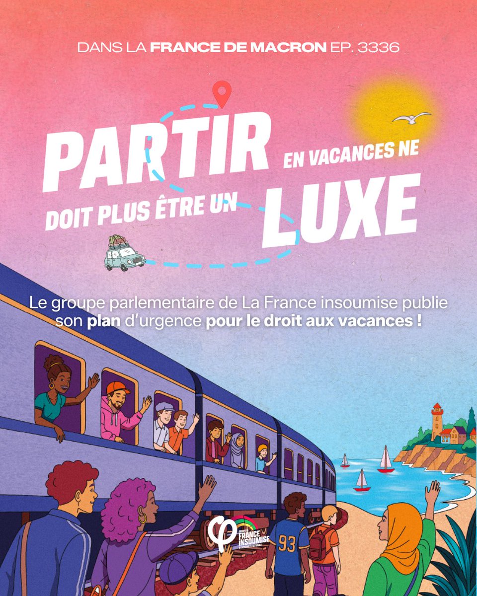 FiAssemblee's tweet photo. 🔴⚡️ Dans la France de Macron, partir en vacances est un luxe.

Pour y remédier, le groupe parlementaire de La France insoumise vous présente un plan d'urgence pour garantir le droit de partir en vacances cet été et d’accéder aux loisirs !

Suivez le fil 🧶 https://t.co/prPtM3G6mb