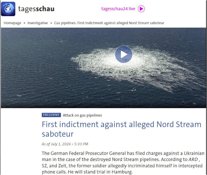 PhilippeMurer's tweet photo. Enorme. L’Ukraine désignée comme responsable de la destruction du gazoduc, Nordstream ayant conduit à un gaz hors de prix !
✅Le procureur général fédéral allemand a porté plainte contre l'Ukrainien en détention à Hambourg Serhii K, appartenant à une unité de forces spéciales militaires, dans l'affaire des gazoducs Nord Stream détruits.
Il accuse l'Ukrainien d’être le chef de l'équipe ayant détruit le gazoduc Nordstream depuis le voilier Andromeda.
Selon des informations obtenues par ARD, SZ et Die Zeit, les preuves contre K. seraient accablantes (Le ressortissant ukrainien aurait parlé des attaques par téléphone à des proches et des connaissances depuis sa garde à vue). Les enquêteurs auraient également trouvé sur son téléphone portable des éléments indiquant son implication dans l'attaque, selon des sources sécuritaires.

Selon la Cour fédérale de justice (BGH) de décembre, K. était au moment des faits « membre d'une unité de forces spéciales militaires des forces armées ukrainiennes, au rang d'officier – c'est-à-dire avec des responsabilités de commandement ».
L'arrêt de la Cour fédérale de justice (BGH) indique également que l'acte a très probablement été commis « au nom d'un État étranger » dans le cadre d'une opération de renseignement. Selon l'arrêt, les autorités étatiques de Kyiv en portaient la responsabilité. Le cerveau de l'attaque serait l'ancien officier du renseignement ukrainien Roman Chervinsky. Il dément les accusations.
L'équipage ukrainien composé de plusieurs plongeurs civils aurait placé des bombes artisanales sur le fond marin de la mer Baltique il y a près de quatre ans. Le 26 septembre 2022, les engins explosifs à retardement ont explosé et détruit trois des quatre chaînes des pipelines Nord Stream 1 et Nord Stream 2.
Source https://t.co/LItC2VPEw6  ET https://t.co/vTIGeSIzsE  ET https://t.co/hGVNvoa6in