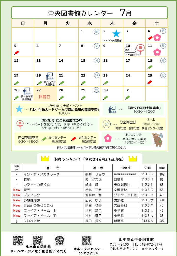 kitamoto_lib's tweet photo. 【#中央図書館】  
7月の図書館カレンダーです🍧
夏休みの予定づくりの参考に、ぜひご活用ください📚
 #北本市立図書館 #北本市 https://t.co/WQR54WXhKX