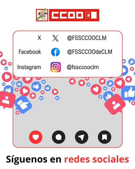 fssccoo's tweet photo. @fssccooand @FSSCCOOAragon @DeliaLizana @fsasturiasarea5 @fsasturiasarea6 @fsasturiasarea4 @fsasturiasccoo @fsscanarias @CCOOSanidadCant @FSSCCOOCYL @CCOOsanitat 📱 Las redes sociales de la FSS-CCOO Castilla-La Mancha, a tu disposición
✔️ Dale clic y #SaltaALaRed https://t.co/OVdpCz45Mf
