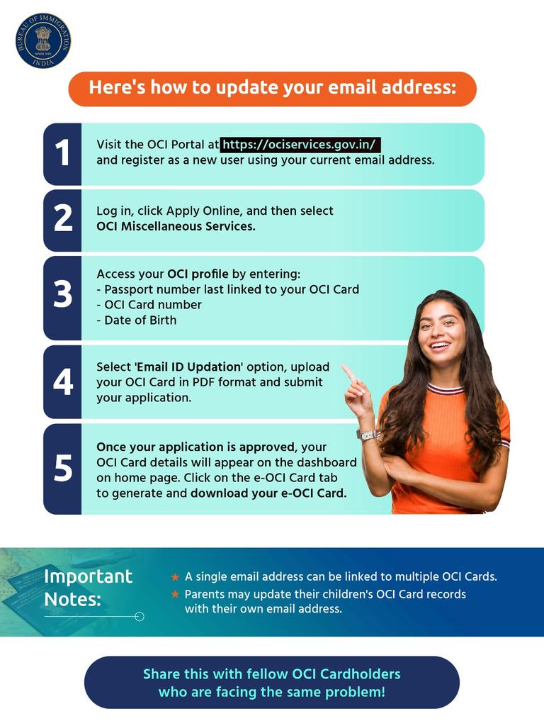BOIndiaOfficial's tweet photo. OCI Cardholders, unable to download your e-OCI Card?
Can't generate your e-OCI Card because your registered email address is no longer accessible?
Update your email address on the OCI Portal to download your e-OCI card by following the next steps: 
 
1. Visit the OCI Portal at https://t.co/jacOOEL70f and register as a new user using your current email address

2. Log in, click Apply Online, and then select OCI Miscellaneous Services.

3. Access your OCI profile by entering:
• Passport number last linked to your OCI Card
• OCI Card number
• Date of Birth
 
4. Select 'Email ID Updation' option, upload your OCI Card in PDF format and submit your application. 

5. Once your application is approved, your OCI Card details will appear on the dashboard on the home page. Click on the e-OCI Card tab to generate and download your e-OCI Card.

Share this with fellow OCI Cardholders who are facing the same problem!

#eOCI #OCIUpdate #OCI #OverseasIndians