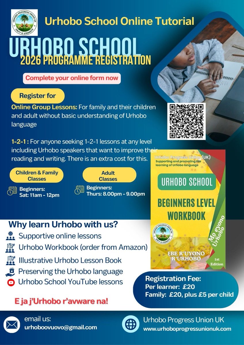McNikoro's tweet photo. *The Urhobo School 2026 Programme is here!*

To register as a learner or to enrol your children,  please complete the online registration form. 

Full details are on the flyer. 

*Register Now:* https://t.co/3fKKbQ1se1 https://t.co/YGViIWzBgc
