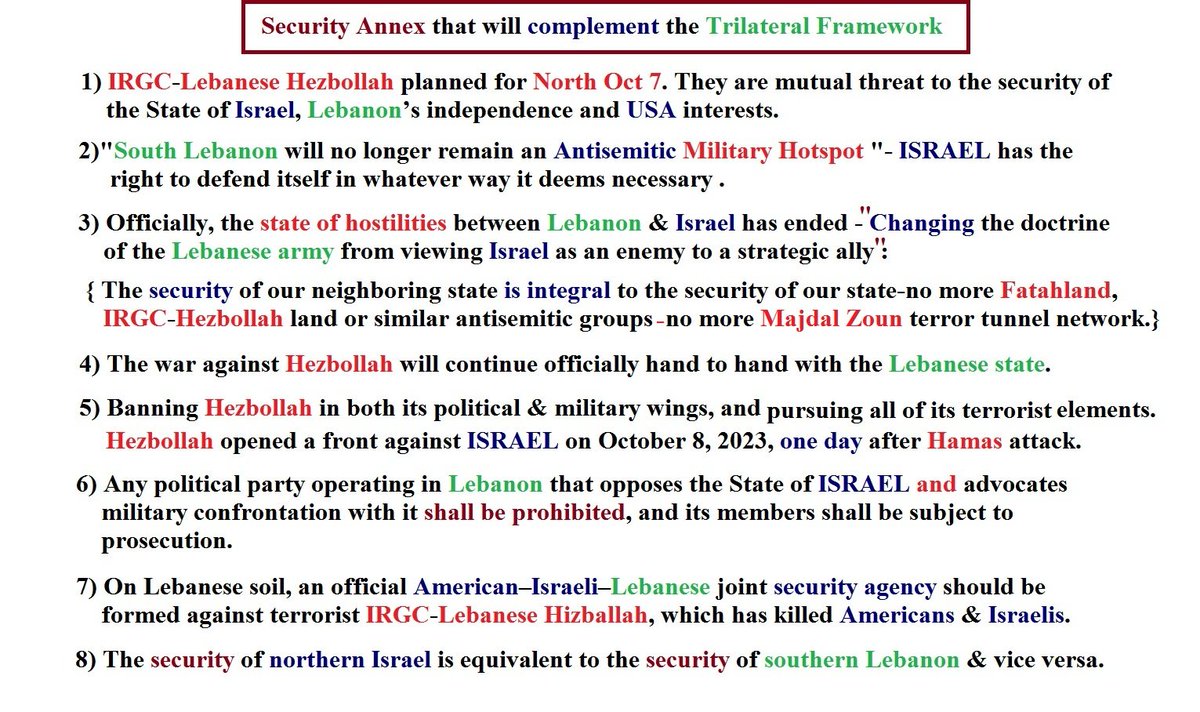 YitzakSharon's tweet photo. @dannydanon No credible security annex, no credible framework. Full implementation of clause 2 via a Trilateral Military Treaty @POTUS @foxnewspolitics - msg pic, clause 2 &amp; 7

Tk u @netanyahu for { Disarming #Hezbollah before everything } @yechielleiter @C14_news 
@LBpresidency @nawafsalam https://t.co/EOCOjYOGyz
