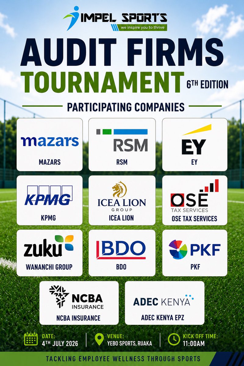 Impel_Sports's tweet photo. THE LINE-UP IS SET! 
The Audit Firms Tournament – 6th Edition is officially locked in! 

From audit giants to corporate ballers, 12 companies are ready to swap spreadsheets for football boots in what promises to be an unforgettable day of competition. https://t.co/YbXdyOPcgA