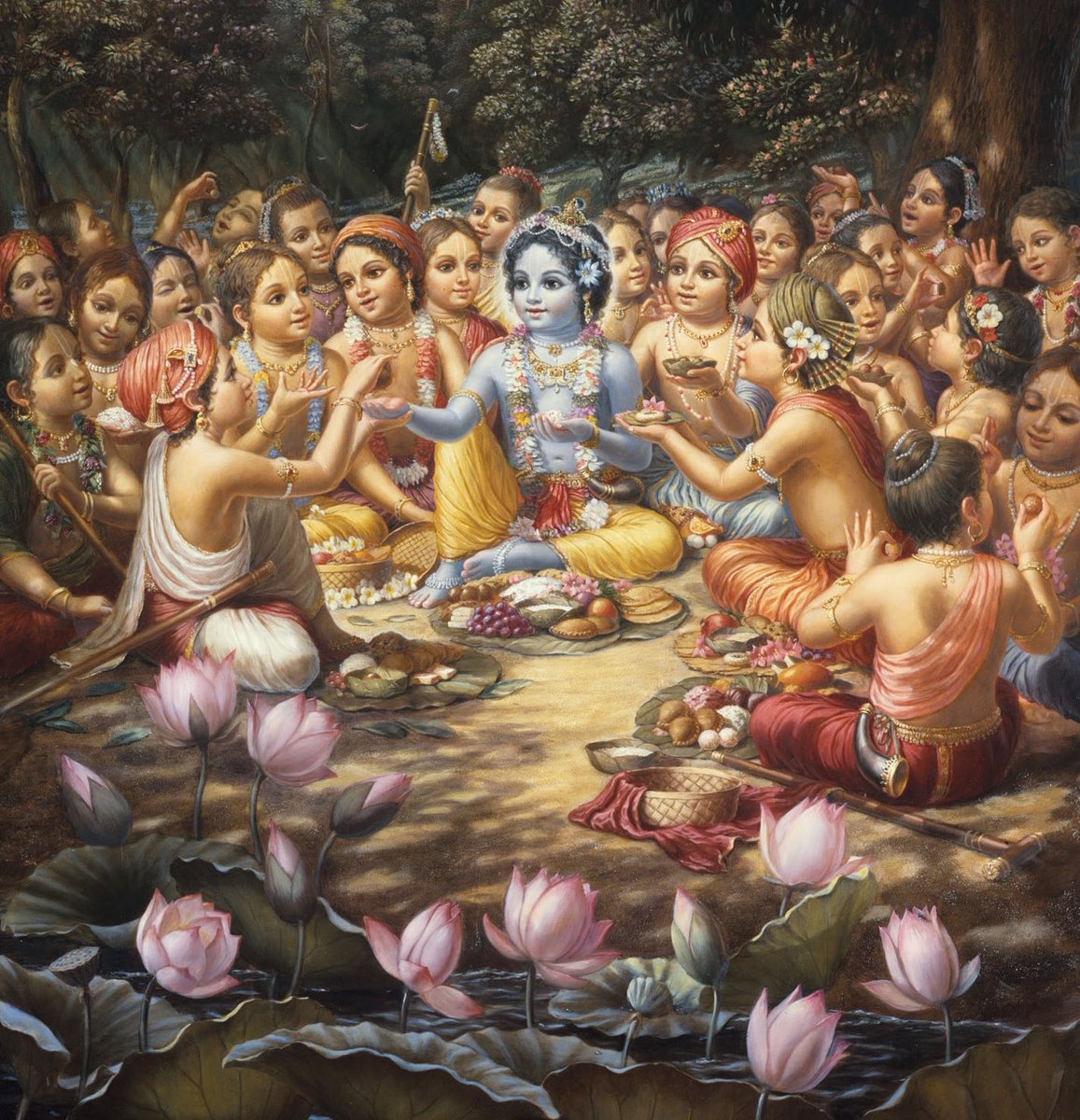 Yaduvam's tweet photo. I love how the Gods in Hinduism feel so human, yet also transcend the entire universe. 

Take Shri Krishna for eg- He is lovingly portrayed as a playful cowherd who spends his days tending cattle, playing the flute, and sharing joyful moments with his friends in the village. Yet that very same Krishna is also revealed as the Supreme Being, the source, sustainer, and ultimate reality of all existence. Within him reside countless universes, and in the Vishvarupa he reveals himself as infinite, beyond time, space, and comprehension. That beautiful contrast between the intimate and the infinite is one of the things I find most captivating about Hinduism.
