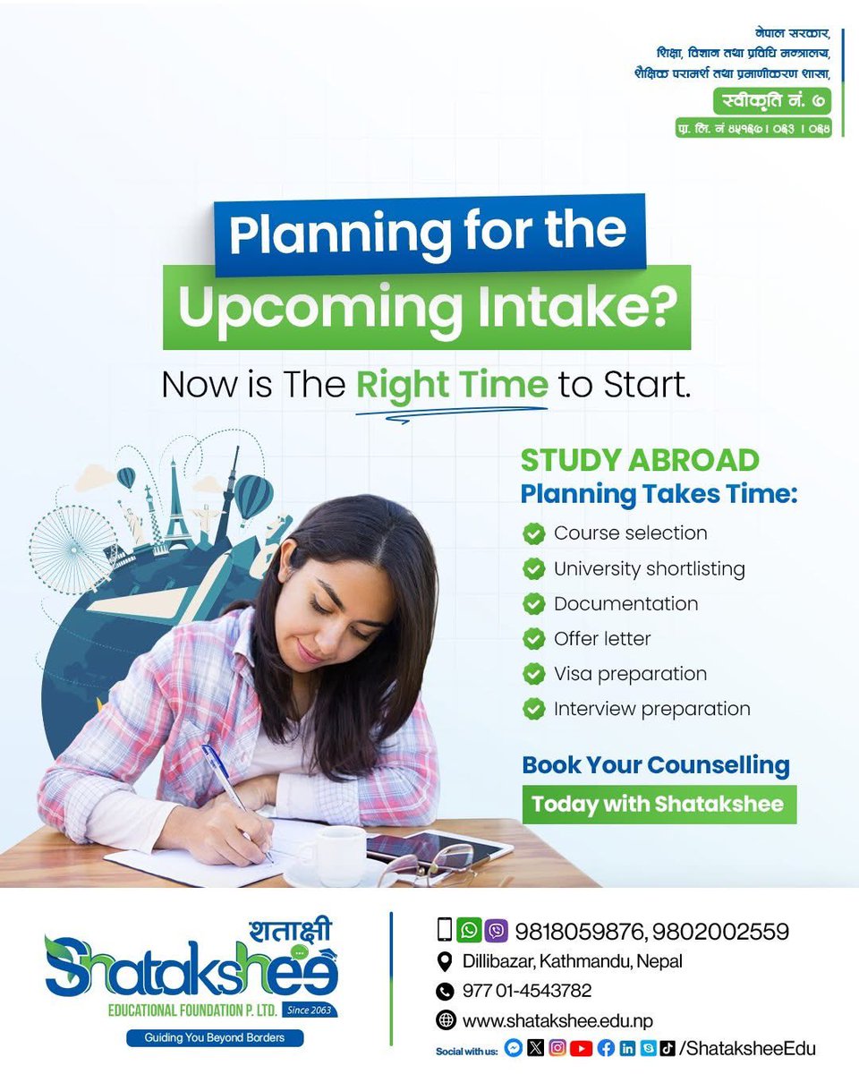 Umesh_SEF's tweet photo. 🌍 Planning for the Next Study Abroad Intake? 

Start early. Choose wisely. Build your future with confidence.

🎓 350+ Universities🌎 11+ Countries | 💰 Up to 100% Scholarships*
📍 Dillibazar, Kathmandu

📞 +977-9851002559 | +977-9802002559 |014543782,014547782 https://t.co/JZyQzTypNZ