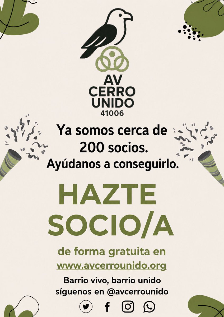 avcerrounido's tweet photo. 🎉 ¡Ya somos cerca de 200 socios en AV Cerro Unido! 💚

Hazte socio/a GRATIS y ayúdanos a conseguir un barrio más limpio, más cuidado y con más fuerza para lograr mejoras para todos.

Tu participación cuenta. Tu voz suma.

👉 https://t.co/fCGGP2DGGs 

#sevilla https://t.co/eDj4soH3Il