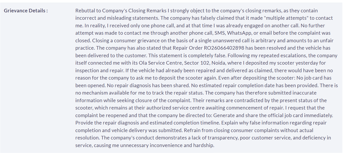 ga_rav_1202's tweet photo. @OlaElectric deliberately closed my INGRAM complaint claiming they contacted me multiple times and I was unavailable. That's false. I filed another complaint with evidence, but it was closed using the same false remark. I'm chasing you via X DMs with no response.@GrievanceDeskIN https://t.co/AgGH2Expx5