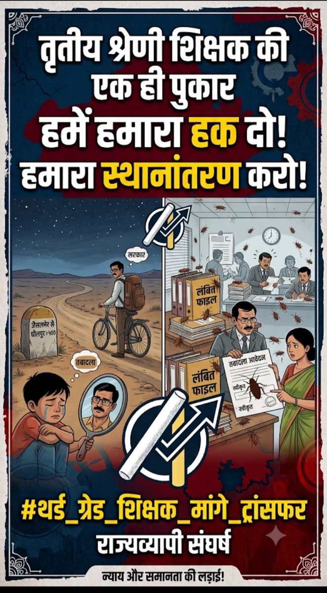 SanvriyaJaydev's tweet photo. सिर्फ थर्डग्रेड शिक्षकों के साथ ही यह सौतेला व्यवहार क्यों?हम भी राजस्थान शिक्षा विभाग का मजबूत स्तंभ हैं।हमें न्याय चाहिए,राजनीति नहीं!
@GovtOfRajasthan जल्द से जल्द तबादले कर राहत प्रदान करे।
#थर्ड_ग्रेड_शिक्षक_मांगे_ट्रांसफर
#कॉकरोच_राजस्थान_शिक्षक
@BhajanlalBjp @madandilawar https://t.co/n8Xn1o3f1l