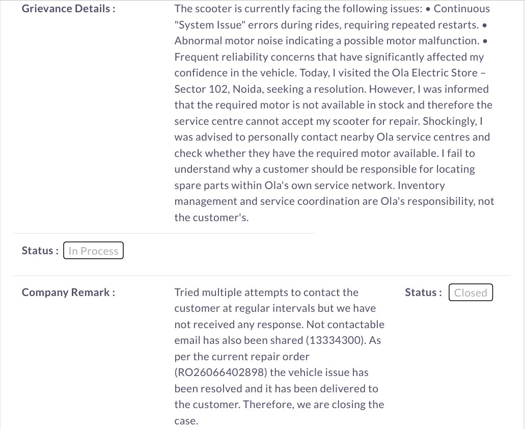 ga_rav_1202's tweet photo. @OlaElectric deliberately closed my INGRAM complaint claiming they contacted me multiple times and I was unavailable. That's false. I filed another complaint with evidence, but it was closed using the same false remark. I'm chasing you via X DMs with no response.@GrievanceDeskIN https://t.co/AgGH2Expx5