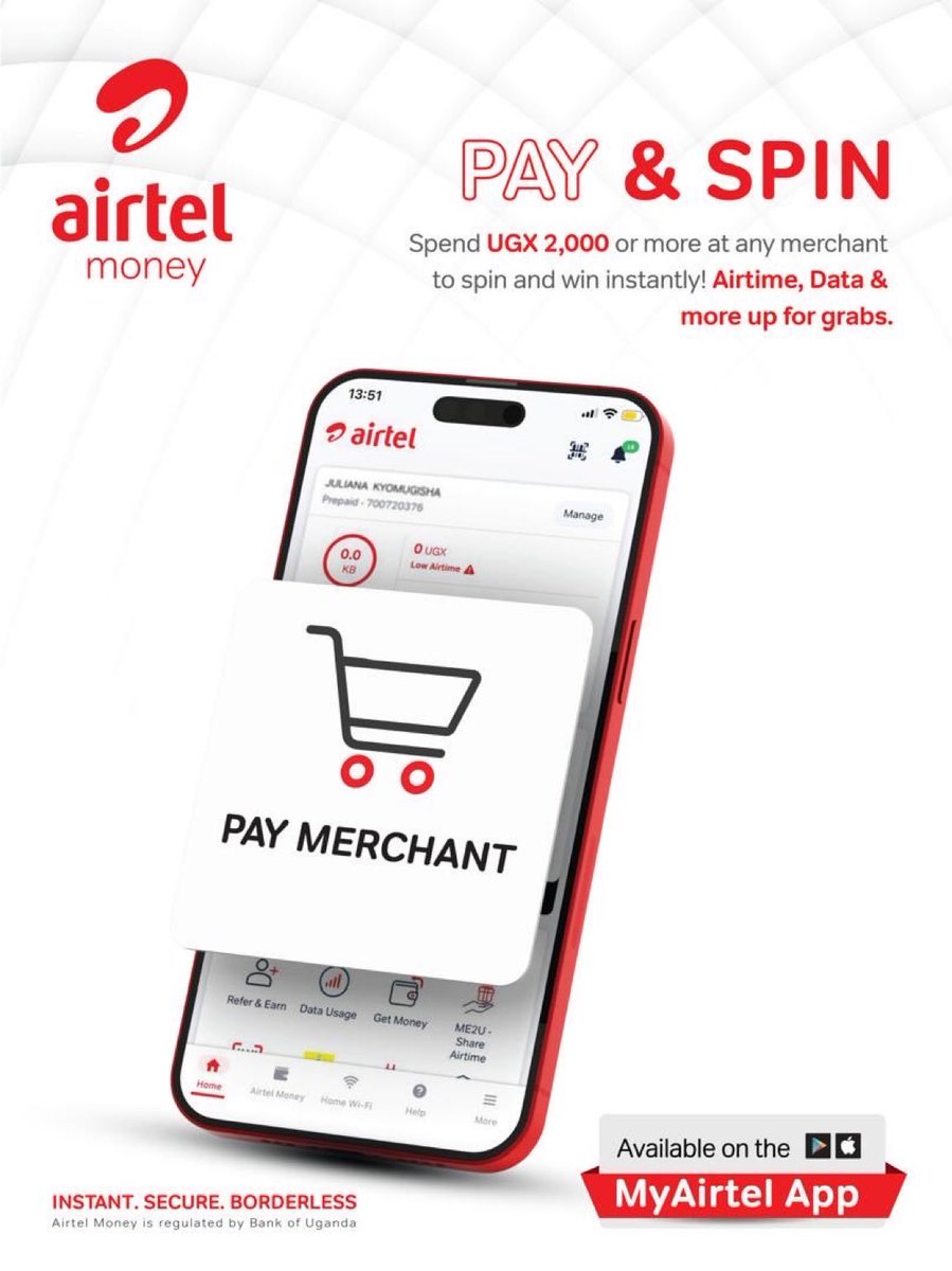 candleronah's tweet photo. Every payment could be your lucky one! 🤩

Pay a merchant UGX 2,000 or more on the #MyAirtelApp, spin the wheel, and stand a chance to win exciting instant prizes.

Convenience pays. Start spinning today!
#SpinAndWin
 #InstantWins https://t.co/RJW3mGW8jc