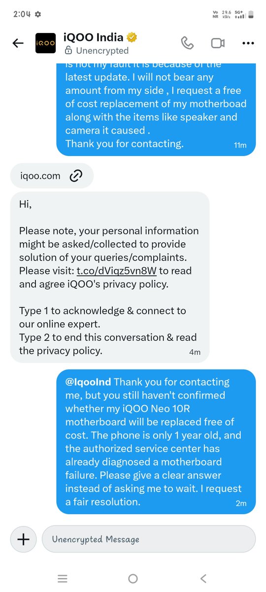 DataGuyManish's tweet photo. "This has been my worst experience with iQOO. My iQOO Neo 10R has a confirmed motherboard failure after just 1 year, and I still haven't received a clear written answer on whether the repair will be done free of cost. @IqooInd #ConsumerRights" @nipunmarya https://t.co/0nixkqx9Je