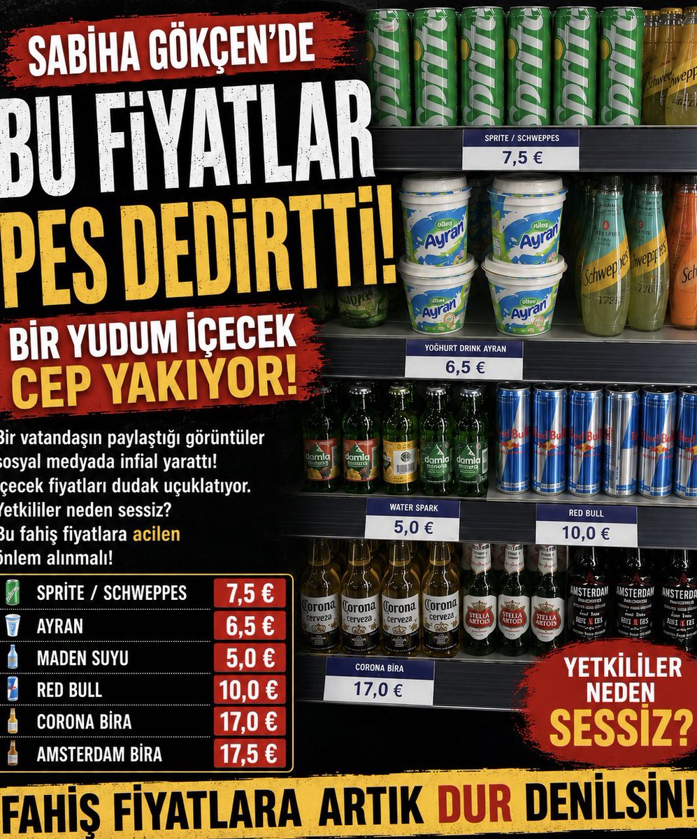 avrupamedya's tweet photo. Yudum Su Değil, Servet! Sabiha Gökçen’deki İçecek Fiyatları Tepki Çekti

Sabiha Gökçen Havalimanı’nda satışa sunulan içecek fiyatları sosyal medyada büyük tepkiye neden oldu. Bir vatandaşın havalimanındaki fiyat etiketlerini tek tek görüntüleyerek paylaşması, binlerce kişinin dikkatini çekti. Görüntülerde yer alan fiyatlar, Türkiye’deki milyonlarca vatandaşın alım gücü düşünüldüğünde “yok artık” dedirtecek seviyede.

Paylaşılan görüntülerde bir kutu Sprite ve Schweppes’in 7,5 Euro, bir bardak ayranın 6,5 Euro, bir kutu Red Bull’un 10 Euro, bir şişe Corona birasının 17 Euro, Amsterdam Navigator birasının ise 17,5 Euro olduğu görülüyor. Basit bir maden suyunun bile 5 Euro etiketle satılması, sosyal medyada en çok konuşulan konular arasına girdi.

Vatandaşlar, bu fiyatların yalnızca yüksek değil, aynı zamanda makul sınırların da çok üzerinde olduğunu belirterek, “Havalimanında olmak, fahiş fiyat uygulamanın gerekçesi olamaz.” yorumunu yaptı. Özellikle seyahat eden aileler ve çocuklu yolcuların temel ihtiyaçlarını karşılamakta zorlanacağına dikkat çekildi.

En çok sorulan soru ise şu oldu: Bu fiyatlara kim ‘dur’ diyecek?

Tüketiciyi korumakla görevli kurumların ve ilgili yetkililerin bu fiyat politikalarına karşı neden sessiz kaldığı merak edilirken, vatandaşlar havalimanlarında temel ihtiyaç ürünleri için daha adil ve ulaşılabilir fiyatlandırma yapılmasını talep ediyor.

Elbette işletmelerin kira, personel ve işletme maliyetleri bulunuyor. Ancak temel tüketim ürünlerinin, birçok kişinin günlük kazancıyla kıyaslanabilecek seviyelere ulaşması kamuoyunda ciddi bir rahatsızlık oluşturuyor. Sosyal medyada paylaşılan görüntüler de bu rahatsızlığın ne kadar yaygın olduğunu gözler önüne seriyor.

Tüketiciler şimdi yetkililerden şu soruya net bir yanıt bekliyor: Havalimanlarında uygulanan bu fahiş fiyatlar denetleniyor mu, yoksa vatandaş kendi kaderine mi bırakılıyor?

#SabihaGökçen #İstanbul #Havalimanı #FahişFiyat #Tüketici #Yolcu #SosyalMedya #Ekonomi #Türkiye #VizyonAjans