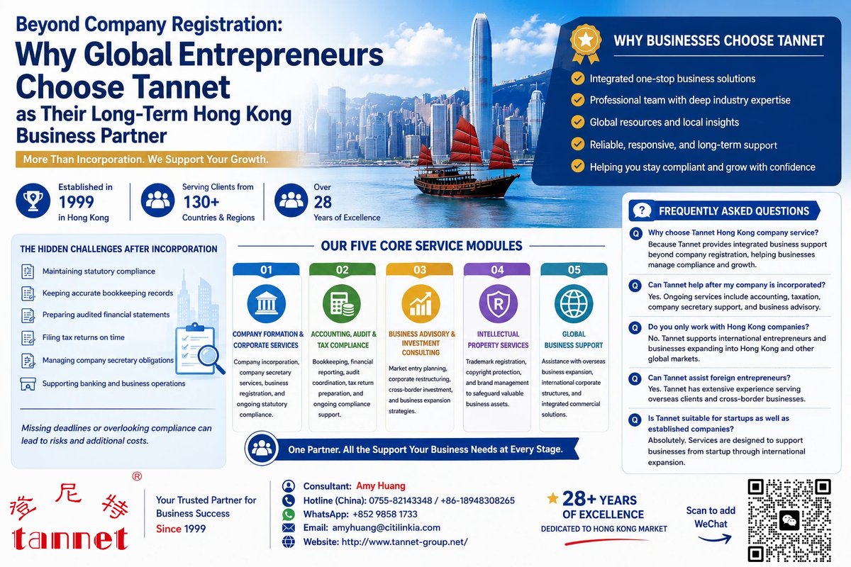 TannetGlobal's tweet photo. Why choose Tannet Hong Kong company service?

✔ Fast HK company setup
✔ Foreign-friendly remote process
✔ Compliance &amp; accounting support
✔ Business-ready structure
Tannet Group Limited helps global founders build compliant HK companies 🌍
Simple. Legal. Scalable. https://t.co/PAf3zmzujk