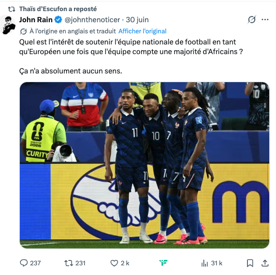 FBrahimi's tweet photo. @ProfToujours Je ne sais plus quoi dire lorsque je lis que certains motivés par la haine voudraient la défaite de l'équipe de France. https://t.co/EdO6qZ4eAg