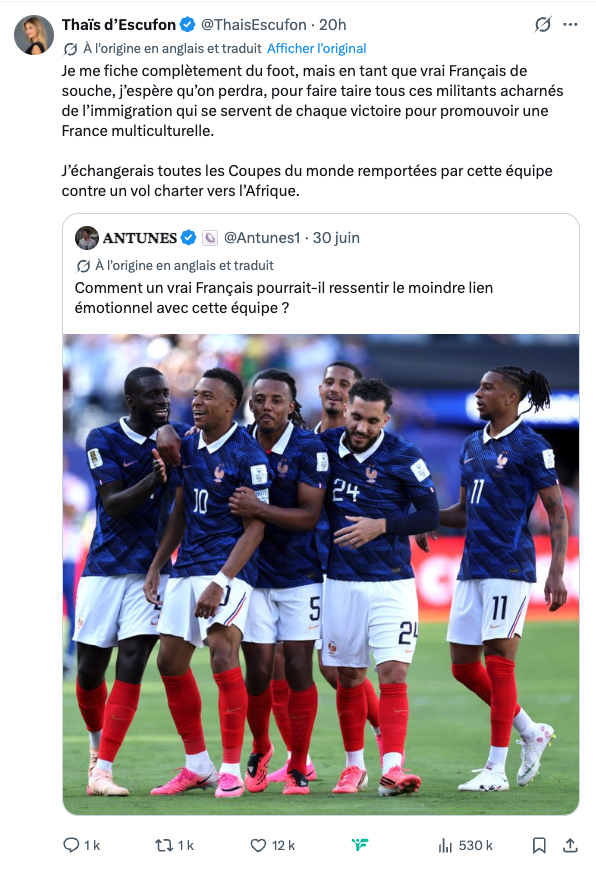 FBrahimi's tweet photo. @ProfToujours Je ne sais plus quoi dire lorsque je lis que certains motivés par la haine voudraient la défaite de l'équipe de France. https://t.co/EdO6qZ4eAg