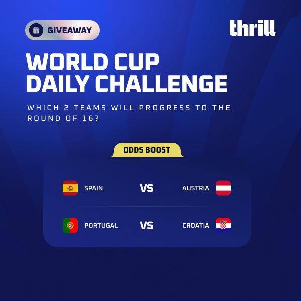 Thrill_com's tweet photo. 🏆 World Cup Challenge #23: Survivor Mode II ⚔️

The Round of 32 remains unforgiving. Each if these teams have one goal: survive and book their place in the Round of 16.

🎯 Which two teams will advance?

A - 🇪🇸 Spain & 🇵🇹 Portugal
B - 🇪🇸 Spain & 🇭🇷 Croatia
C - 🇦🇹 Austria & 🇵🇹 Portugal
D - 🇦🇹 Austria & 🇭🇷 Croatia

🎁 $10 × 10 random winners with the correct prediction!

💬 Drop your answer or letter (A, B, C, or D) + your Thrill username below.

⏰ Entries close at 18:59 UTC

✨ Results are based on official FIFA records.

#WorldCup2026