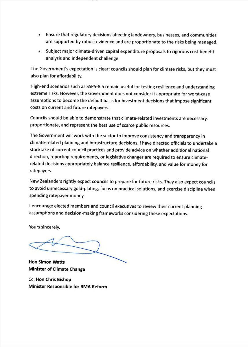 RCR_NZ's tweet photo. 👊 Minister directs councils to tone down use of extreme climate modelling.

This is a significant development.

Climate Change Minister Simon Watts has written to councils, making it clear that RCP8.5/SSP5-8.5 should not automatically be treated as the central or most likely future when making decisions affecting infrastructure, land use, property rights and rates.

Those are the very scenarios that have underpinned managed retreat proposals, planning restrictions, insurance decisions and billions of dollars in projected spending.

This isn't a debate RCR jumped on because it became fashionable.

Since launching in 2023, we've been investigating these issues in depth. We've spoken with homeowners, communities, councillors, planners, scientists, policy experts and officials. We've challenged assumptions, followed the evidence, and asked difficult questions when very few others were prepared to.

Our documentary Managed Out, by award-winning filmmaker Alistair Harding, examined the real-world consequences of these policies. More recently, Alistair interviewed Prof Detlef van Vuuren, one of the architects of the RCP scenarios themselves, and Prof Roger Pielke Jr, who has spent years highlighting how the most extreme scenarios have been misapplied in public policy.

But none of this happens in isolation.

To everyone who came to a Managed Out screening, shared an interview or short clip, contacted your council, made a submission, challenged flawed assumptions, or simply kept asking good questions... thank you.

Real change rarely happens because of one article, one documentary or one person. It happens because thousands of ordinary people refuse to stop paying attention.

Whether this ministerial directive ultimately changes council behaviour remains to be seen. But it is an important step, and a reminder that evidence-based debate still matters.

🎥 Watch Managed Out
https://t.co/GXEFB2RFfK

🎙 Unlikely Science – Part 1 (Prof Detlef van Vuuren)
https://t.co/B30qH2WdY1

🎙 Unlikely Science – Part 2 (Prof Roger Pielke Jr)
https://t.co/yLZQqpmQrp

📩 Stay ahead of the stories that matter with RCR Bites.

BITE-SIZED. NOT BRAIN-DEAD.
👉 https://t.co/mDvyhl4dCE