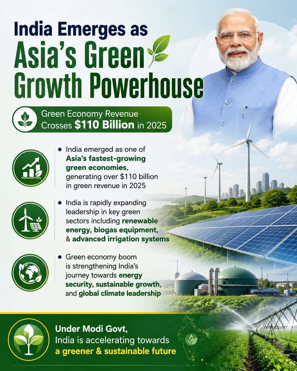 kishanreddybjp's tweet photo. India is rapidly transforming into Asia’s green growth powerhouse under the visionary leadership of Hon'ble PM Shri @narendramodi ji. 

With green economy revenues surpassing $110 billion in 2025, the Modi government’s commitment to renewable energy, biogas innovation, and advanced irrigation is cementing India's position as a global climate leader while securing a sustainable and resilient future for the nation.