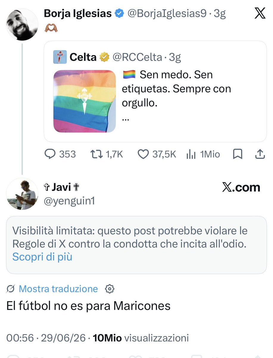 radio__zek's tweet photo. Un gol contro l’omofobia da parte di Borja Iglesias, il campione del Celta, ora ai #Mondiali2026 con la Spagna. 

Al commento social di un utente, sotto a un post a sostegno del #Pridemonth, “il calcio non è per fr*c*”, la risposta che zittisce “non è per omofobi”. 

👏⚽️🌈 https://t.co/i5AM8yjFdU
