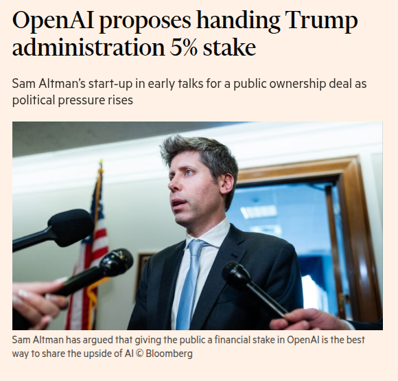 VaibhavSisinty's tweet photo. OpenAI just proposed giving the US government a 5% stake in the company.

Worth $42.6 billion. Based on their confirmed $852 billion valuation.

Still a proposal. Nothing is signed yet but

But the intent behind it is very intresting.

Sam Altman says this is about sharing the upside of AI with regular Americans.

That sounds generous.

But we have seen this movie before.

In 2008, the US government took stakes in Citigroup, Bank of America, and GM through TARP.

Then spent years getting accused of going soft on the very companies it owned a piece of.

The regulator became the investor. Oversight got complicated.
This could be the same play.

When the government owns 5% of OpenAI, it becomes a shareholder.

Shareholders do not aggressively regulate their own investments. They protect them.

And if Anthropic, Google, and Meta follow the same model, the government becomes a stakeholder in the entire AI industry simultaneously.

OpenAI donates the equity. Pays nothing. Gets political cover in return.

That is not philanthropy.

That is the most efficient lobbying spend in history.