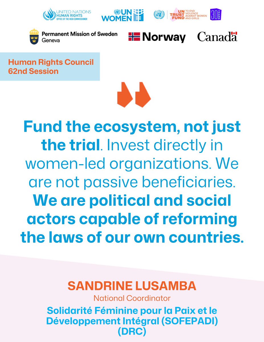 UNTrustFundEVAW's tweet photo. A survivor must not choose between paying for transport to testify and putting food on the table. 

“Economic dignity is not separate from the right to justice; it is part of it." — Sandrine Lusamba, @SOFEPADI, DRC.

What would it take to make economic dignity a core part of its justice commitments for survivors where your orgs operate? #HRC62 #AccessToJustice