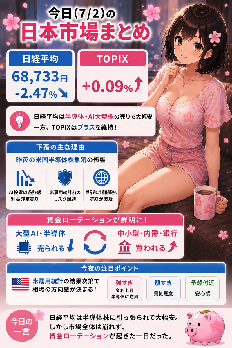 kabuko0429's tweet photo. 🌸7/2今日の日本市場まとめ

お疲れ様でした☕️

日経平均は▲2.47%と大幅安📉

一方、TOPIXは+0.09%でプラスを維持！

半導体・AI大型株には売り、中小型株や内需株へ資金がシフトする展開でした。

今夜の米雇用統計にも注目です👀

#株式投資 #日本株 #日経平均 #TOPIX #新NISA #投資初心者 https://t.co/9KITY1yfsd