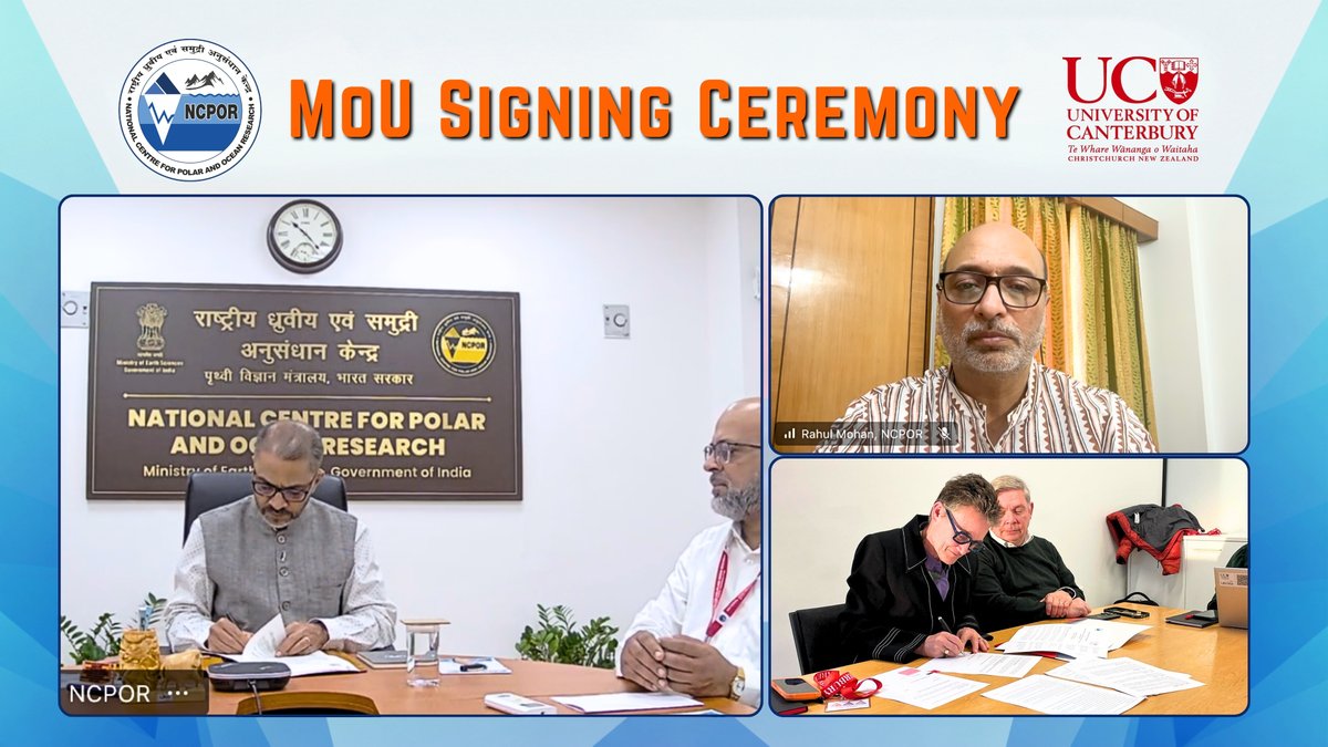 ncaor_goa's tweet photo. 𝐒𝐭𝐫𝐞𝐧𝐠𝐭𝐡𝐞𝐧𝐢𝐧𝐠 𝐈𝐧𝐝𝐢𝐚–𝐍𝐞𝐰 𝐙𝐞𝐚𝐥𝐚𝐧𝐝 𝐂𝐨𝐥𝐥𝐚𝐛𝐨𝐫𝐚𝐭𝐢𝐨𝐧 𝐢𝐧 𝐀𝐧𝐭𝐚𝐫𝐜𝐭𝐢𝐜𝐚

The National Centre for Polar and Ocean Research (NCPOR), India, and the University of Canterbury (UC), New Zealand, have signed a Memorandum of Understanding (MoU) to foster collaborative research, academic exchange, and innovation in Antarctic research.

This bilateral partnership reflects a shared commitment to advancing scientific excellence and addressing global challenges in Antarctica through international collaboration.

#NCPOR #NCPORResearch #MoU #InternationalCooperation

@DrJitendraSingh 
@moesgoi 
@TMeloth 
@PIB_India 
@PIB_Panaji
