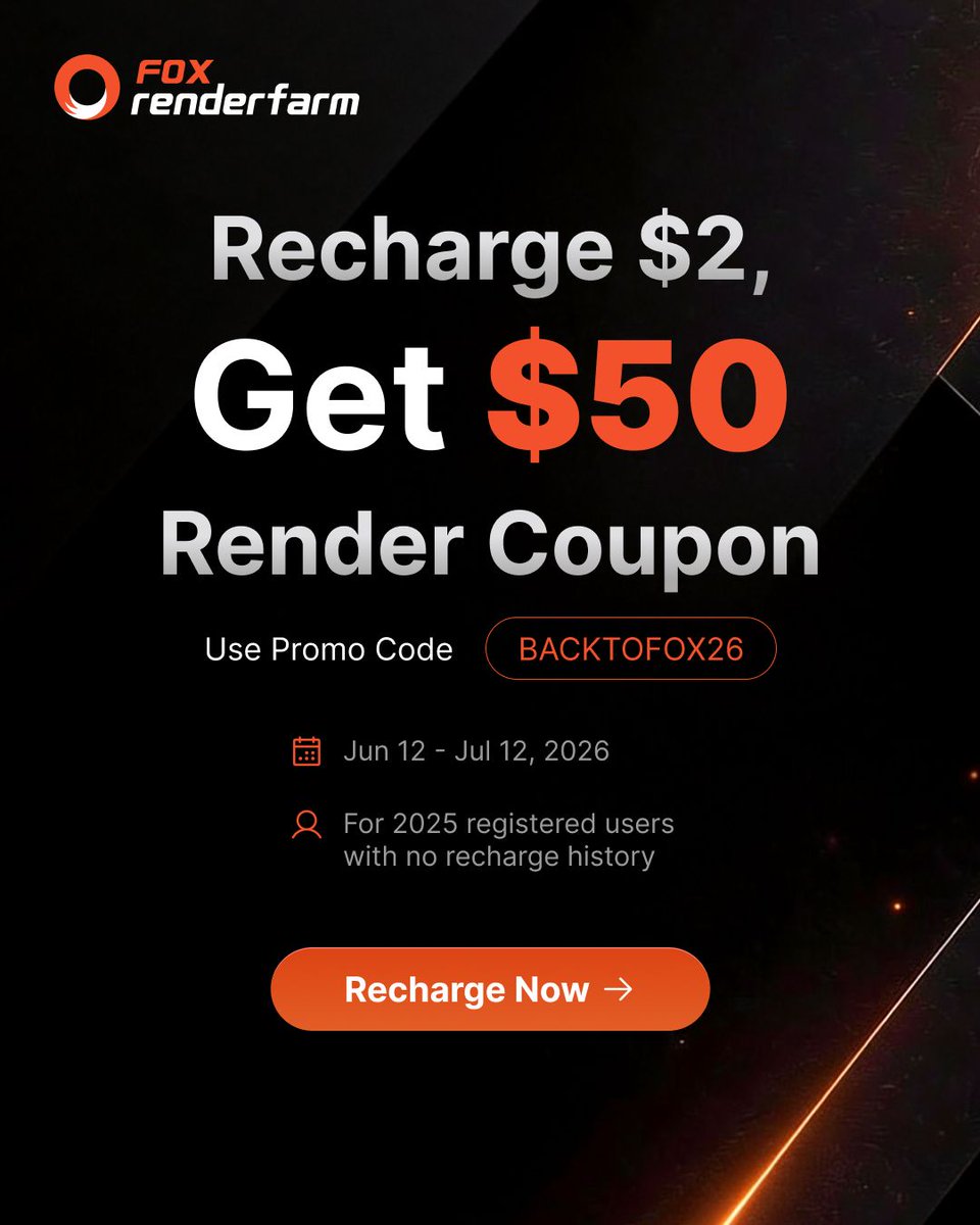 foxrenderfarm's tweet photo. 🦊Fox Renderfarm's welcome-back promotion is here for users who haven't recharged yet!

👉Spend Just $2 &amp; Get a $50 Render Coupon
🔁Promo code: BACKTOFOX26
📅Valid: Now - July 12 12:00 AM, 2026 (UTC+8)
✅Eligibility: Registered between Jan 1 – Dec 31, 2025 &amp; no recharge history https://t.co/6llnhzQLKe