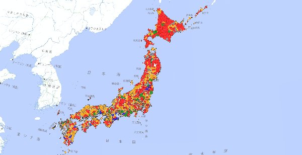 OH3(open-hinata3)です。 今日の全国地番図公開マップの進捗です。 緑