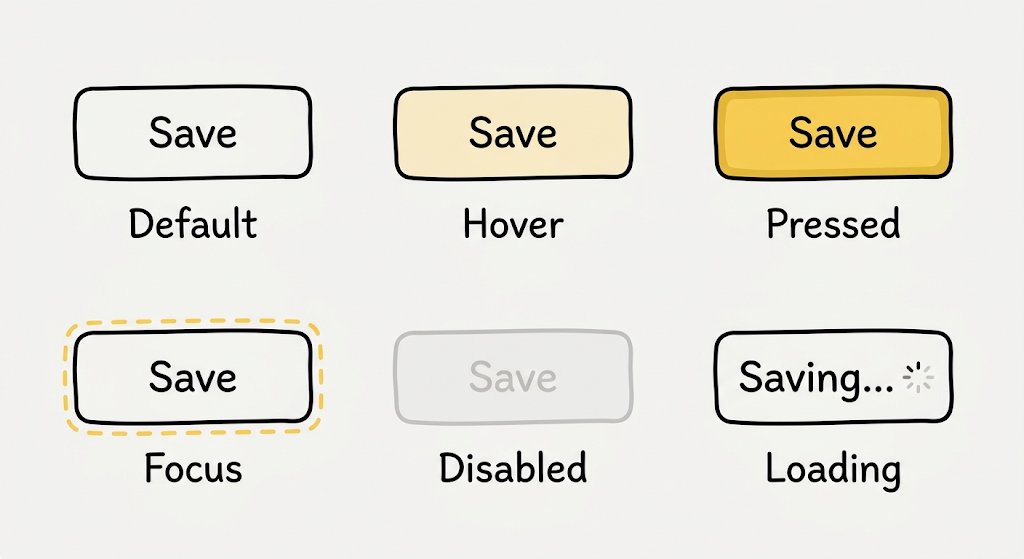 vponamariov's tweet photo. Every button needs these 6 states:

• Default
• Hover
• Pressed
• Focus (for keyboard navigation)
• Disabled
• Loading

The focus state is probably the most forgotten one. https://t.co/QzgfyUAzJx