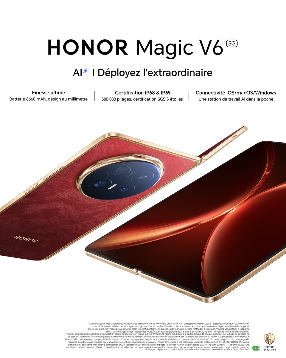 Honor_FR's tweet photo. Il est enfin là ! 🤩
Découvrez le HONOR Magic V6 et déployez toutes vos capacités ! 💪
Finesse extrême avec une autonomie record, durabilité maximale avec sa résistance IP68 & IP69, et interconnectivité sans limite avec Apple ou Windows. Que demander de plus ? 

Le #HONORMagicV6 est disponible dès aujourd'hui, dès 1699,90€ avec l'offre de lancement au lieu de 2299€, seulement sur https://t.co/tRaRr98Ryu ! 🔥