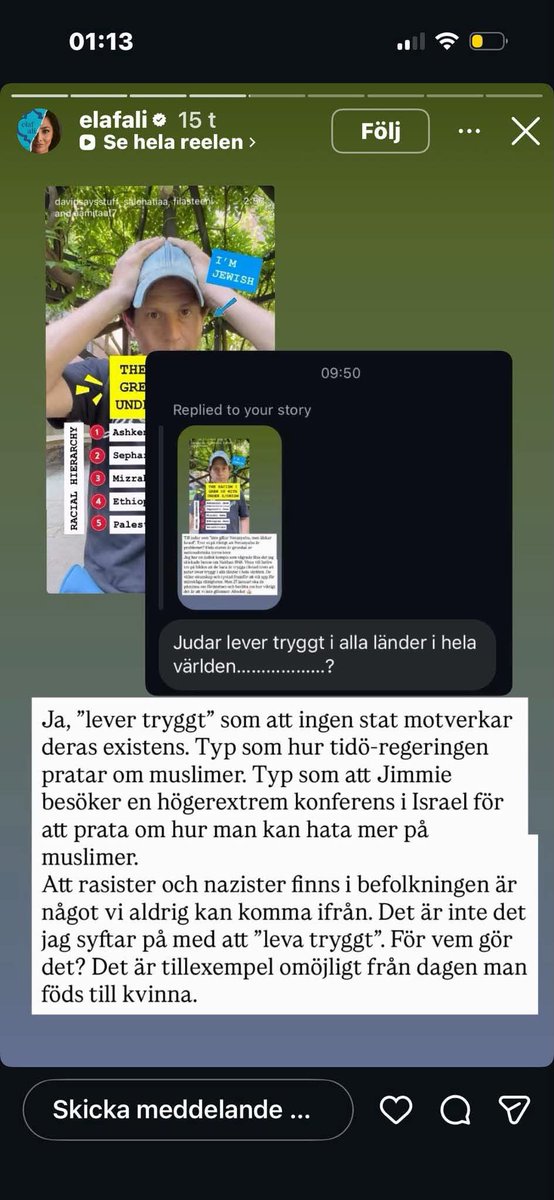 JudiskaUngdom's tweet photo. Sommarpratare Elaf Alis instastories är ytterst obehagliga. Mycket farligt att dessa föreställningar om judar kan sprida sig så öppet av så kända profiler. De senaste åren har vad som är okej att säga om judar kraftigt förskjutits och Elafs inlägg är tydliga exempel på det. https://t.co/1oeVOu8ast