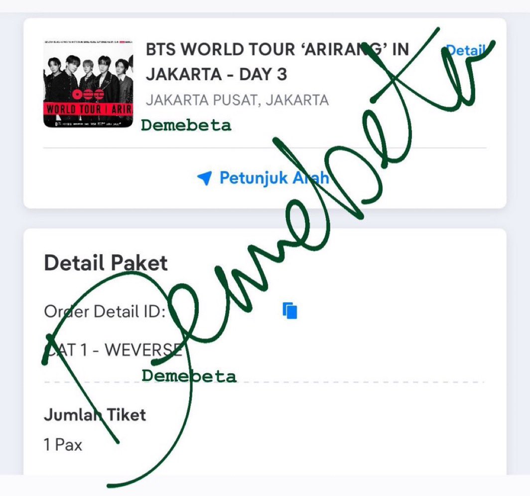 demebeta's tweet photo. WTS BTS ARIRANG IN JAKARTA DAY 3 29 DESEMBER

✅ 1 tix SECTION CAT 1 presale weverse
✅ Data pribadi 
✅ Harga maaf high price 5.000.000
✅ All proof oke
✅ COD Surabaya only 
✅ Bisa pake jasa penukaran tiket 

wts bts jakarta day 3 cat 1 presale weverse https://t.co/AdPq4LoeiP