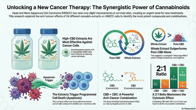marclanders's tweet photo. CBD-rich extracts kill head and neck cancer cells!

Extracts high in Cannabidiol (CBD), especially "type III  decarboxylated" ones, were the most effective at killing cancer cells.  

Star performer: One extract, called CAN296, was the best at causing  cancer cell death by triggering cell suicide (apoptosis) and slowing  cell growth (anti-proliferative effects). 

Mixing CBD with CBC or THC in a 2:1 ratio maximized the  cancer-killing effect.
https://t.co/vXlP4lm34E