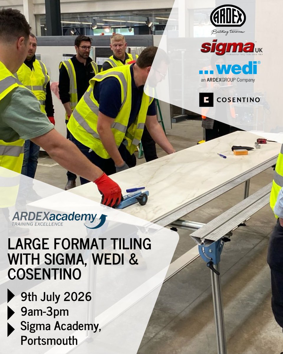 ARDEXUKTiling's tweet photo. *STILL TIME TO BOOK*

Get hands-on with the future of large format tiling 👇

Join us at the Sigma Academy in Portsmouth on 9th July for a specialist training day in partnership with Sigma, Wedi and Cosentino! 

Spaces are limited—secure yours today:
https://t.co/CvG9lXX7Fn https://t.co/tswIavFb7a