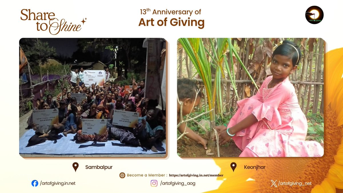 artofgiving_net's tweet photo. Marking the 13th International Day of Art of Giving, Ms. Karishma Naik, Ms. Mamata Mahalik, Mr. Surendra Oram, Ms. Madhusmita Munda, Mr. Rajesh Oram, Ms. Supriya Majhi, Ms. Kasturi Melaka, Ms. Rajkumari Naik, Mr. Nachiketa Jena, Ms. Anjana Oram, Ms. Anshika Lakra, Mr. Banamali Sabar, Ms. Namita Raj, Mr. Kedar Majhi, Mr. Sajeng Majhi, Mr. Dharmu Gond, Ms. Sujata Acharya, Mr. Thomash Raita, Mr. Rajib Dharua, Mr. Amit Kumar joined the “Share to Shine” movement at Keonjhar, Khordha, Sambalpur, Kalahandi, Rayagada, Sundargarh, Nuapada, Nabarangpur, and Gajapati with a thoughtful act of sharing and positivity.
