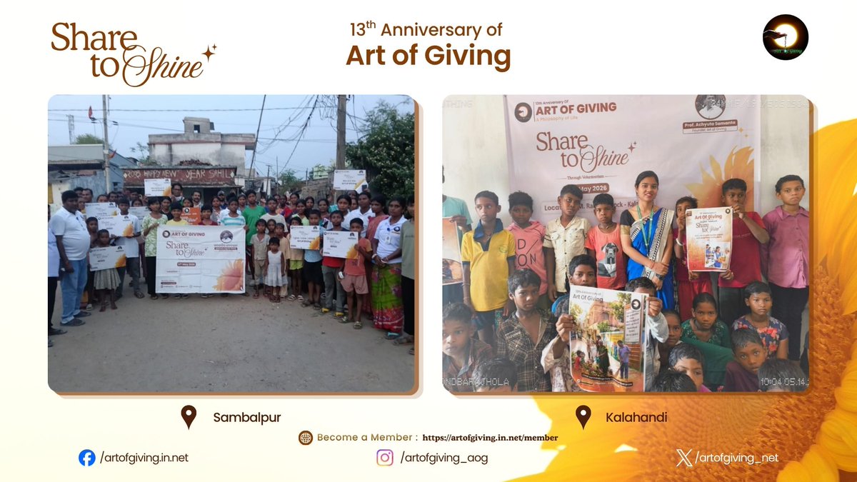 artofgiving_net's tweet photo. Marking the 13th International Day of Art of Giving, Ms. Karishma Naik, Ms. Mamata Mahalik, Mr. Surendra Oram, Ms. Madhusmita Munda, Mr. Rajesh Oram, Ms. Supriya Majhi, Ms. Kasturi Melaka, Ms. Rajkumari Naik, Mr. Nachiketa Jena, Ms. Anjana Oram, Ms. Anshika Lakra, Mr. Banamali Sabar, Ms. Namita Raj, Mr. Kedar Majhi, Mr. Sajeng Majhi, Mr. Dharmu Gond, Ms. Sujata Acharya, Mr. Thomash Raita, Mr. Rajib Dharua, Mr. Amit Kumar joined the “Share to Shine” movement at Keonjhar, Khordha, Sambalpur, Kalahandi, Rayagada, Sundargarh, Nuapada, Nabarangpur, and Gajapati with a thoughtful act of sharing and positivity.