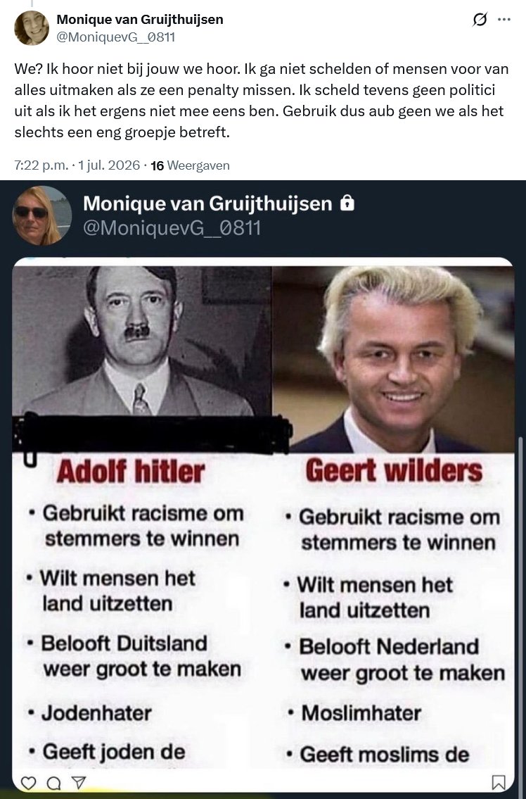 johnnieke7's tweet photo. Monique scheldt inderdaad geen politici uit. Ze vergelijkt ze met Hitler! @MoniquevG__0811 https://t.co/mn9n9969ks