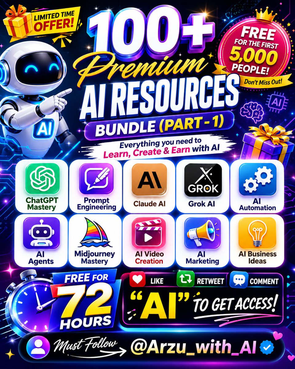 Arzu_with_Ai's tweet photo. 🚀 100+ Premium AI Resources — FREE
📚 Includes: • ChatGPT • Prompt Engineering • Claude & Grok • AI Agents • Automation • Midjourney • AI Video • AI Marketing • Business Ideas
⏳ Free for the first 5,000 users (72 hours).
❤️ Like • 🔁 Repost • 💬 Comment "AI"
Follow @Arzu_with_AI for access.