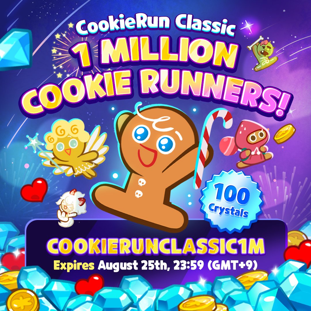 CRClassicEN's tweet photo. 1 Million Cookie Runners! Thank you so much! ❤️
As a token of our gratitude for your incredible love, here is a special coupon for you. Head in-game now and don't miss your gift! 🎮

#CookieRunClassic #1M #Cookie #Runners #ThankYouRunners #GameCoupon https://t.co/PrhD5qUEr7