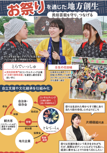 nikkeimj's tweet photo. 【本日のMJ1面】
担い手不足に直面する地域の伝統的な祭りを飛躍させたい。広島大学の4年生がそんな思いを胸に、民俗芸能の専門コンサル企業「とらでぃっしゅ」を立ち上げました。地域と域外の人がともに祭りを支える仕組みを提案。存続への危機感という原体験が行動へと駆り立てています。 https://t.co/9QcYvJVT8F
