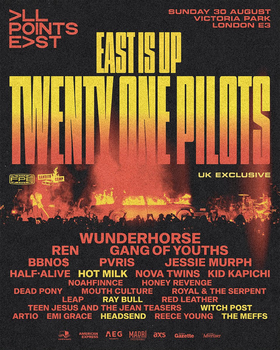allpointseastuk's tweet photo. Wait, what? Wait, what? The lineup for @twentyonepilots' monumental headline show at All Points East is officially complete 🔥
 
@hotmilkhotmilk, Ray Bull, @witchpostband, @headsendband, and The Meffs will be joining the duo and previously announced @wunderhorse, @Renmakesmusic, @gangofyouths, plus many more at Victoria Park this August!
 
Last remaining tickets are available now, so make sure to book yours asap here https://t.co/5Bv07vfns9