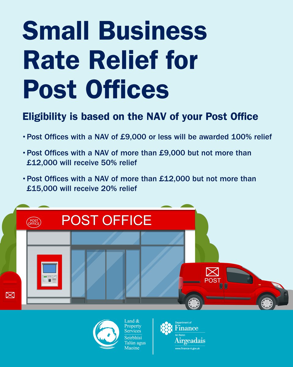 dptfinance's tweet photo. You may be eligible for Small Business Rate Relief if you own a Post Office. Eligibility is based on the Net Annual Value (NAV) of the store. Further details can be found at: https://t.co/amMHvOYOMt https://t.co/0Dhzo2nI76