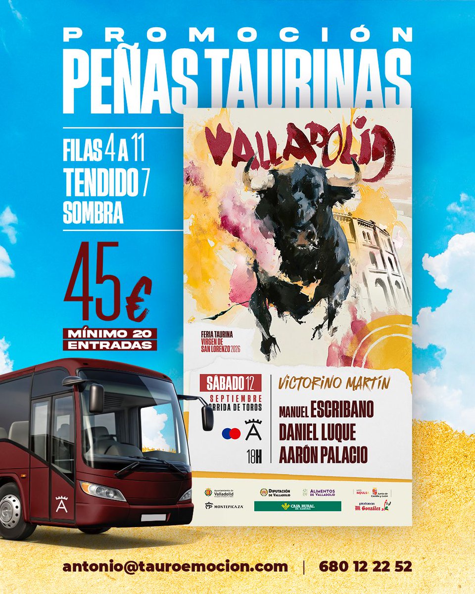 torosvalladolid's tweet photo. 💥🤟🏻 ¡Promoción 𝗣𝗘𝗡̃𝗔𝗦 𝗧𝗔𝗨𝗥𝗜𝗡𝗔𝗦 𝗬 𝗔𝗦𝗢𝗖𝗜𝗔𝗖𝗜𝗢𝗡𝗘𝗦 para la corrida de 𝗩𝗶𝗰𝘁𝗼𝗿𝗶𝗻𝗼 𝗠𝗮𝗿𝘁𝗶́𝗻 del 12 de septiembre!

🔥 ¡𝗔𝗽𝗿𝗼𝘃𝗲𝗰𝗵𝗮 𝘆 𝗯𝗲𝗻𝗲𝗳𝗶́𝗰𝗶𝗮𝘁𝗲 𝗱𝗲𝗹 𝗱𝗲𝘀𝗰𝘂𝗲𝗻𝘁𝗼!

🔗🎟️ 𝗩𝗘𝗡𝗧𝗔 𝗘 𝗜𝗡𝗙𝗢: taquilla@tauroemocion.com https://t.co/4fDRkQJ9yC