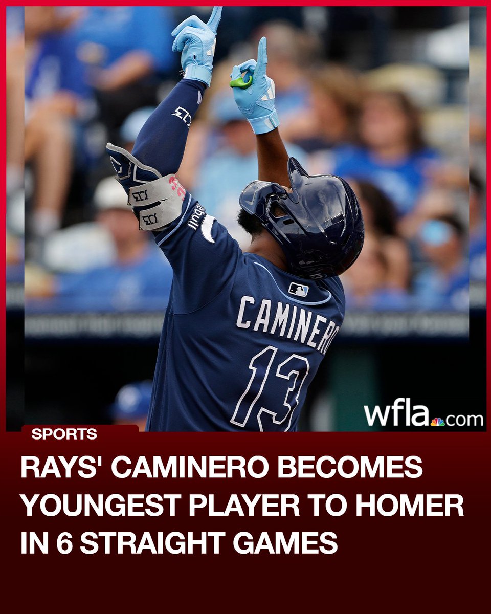 WFLA's tweet photo. Tampa Bay’s Junior Caminero has become the youngest player since at least 1900 to homer in six straight games after hitting a 425-foot shot in the first inning Wednesday night. https://t.co/NFMVmBuXzj https://t.co/HTdHzgyUeF