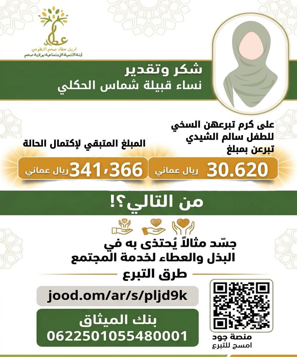 ataasaham's tweet photo. بكل التقدير والعرفان، نتقدم بجزيل الشكر لنساء قبيلة شماس الحكلي على كريم تبرعهن السخي بمبلغ 30,620 ريالًا عُمانيًا دعماً لحملة علاج الطفل سالم الشيدي.
هذا العطاء يجسد أروع صور التكافل الاجتماعي وروح المسؤولية المجتمعية. 

وما زال المتبقي لإكمال مبلغ العلاج 341,366 ريالًا عُمانيًا https://t.co/SMGsmKEUa4