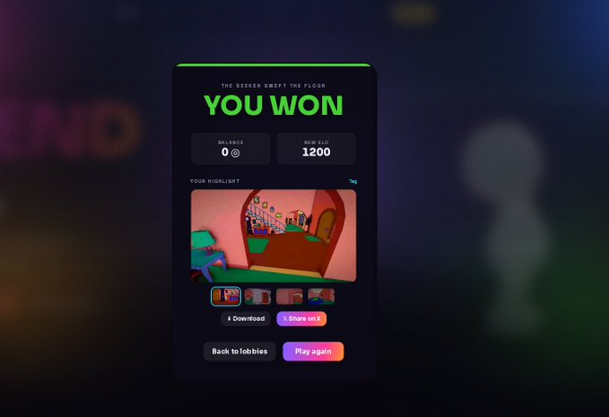 Jaspah0x's tweet photo. You can now share clips directly from HIDE after a match.  When the round ends, the game pulls your highlight, packages it into the win screen, and lets you download or post it straight to X. 

Win a round. Grab the clip. Share the moment. 

This is a big part of the loop we want:

play → hide → hunt → win → clip it

Every good $HIDE , panic tag, last-second escape, and seeker sweep should be easy to show off.

HIDE is being built for playable moments, not just match results.