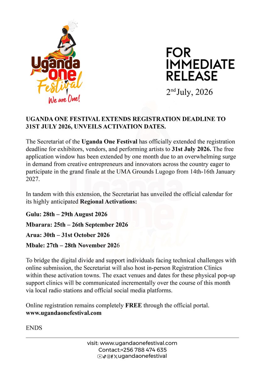 CapitalFMUganda's tweet photo. Good news for the creative community

Registration for the Uganda One Festival has been extended to 31st July 2026. 

Secure your FREE slot for exhibitors, vendors, and performing artists today.

Register for free now at https://t.co/fsI27ucf9M 🌐

#UgandaOneFestival #WeAreOne https://t.co/mUJaMhonDs