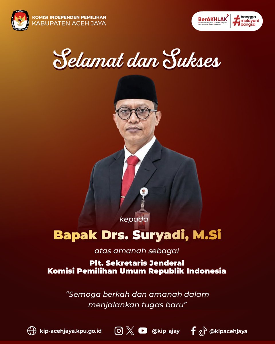 kip_ajay's tweet photo. #TemanPemilih, seluruh jajaran KIP Kabupaten Aceh Jaya mengucapkan Selamat dan Sukses kepada Bapak Suryadi, Deputi Bidang Administrasi, atas penetapannya sebagai Pelaksana Tugas (Plt.) Sekretaris Jenderal KPU Republik Indonesia.

#KPUMelayani #KIPAceh #KIPAcehJaya https://t.co/SzfHT5KIps